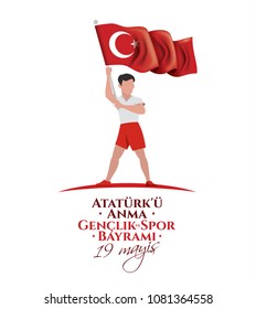 vector illustration 19 mayis Ataturk'u Anma, Genclik ve Spor Bayramiz , translation: 19 may Commemoration of Ataturk, Youth and Sports Day, graphic design to the Turkish holiday, children logo vector