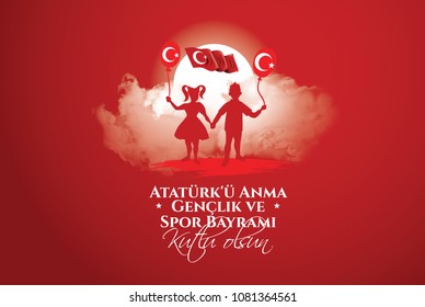 vector illustration 19 mayis Ataturk'u Anma, Genclik ve Spor Bayramiz , translation: 19 may Commemoration of Ataturk, Youth and Sports Day, graphic design to the Turkish holiday, children logo.