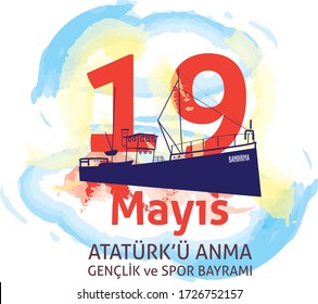 vector illustration 19 mayis Ataturk'u Anma, Genclik ve Spor Bayram z, translation: 19 may Commemoration of Ataturk, Youth and Sports Day, graphic design to the Turkish holiday, children logo.