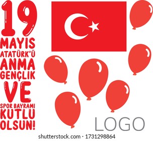 Vector Illustration of "19 Mayis Ataturk'u Anma, Genclik ve Spor Bayrami" Greeting Card Design. English Translation: "May 19 Commemoration of Ataturk, Youth and Sports Day", Turkey.