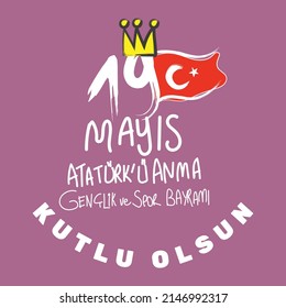 vector illustration 19 mayis Ataturk'u Anma, Genclik ve Spor Bayramiz , translation: 19 may Commemoration of Ataturk, Youth and Sports Day, graphic design to the Turkish holiday, children logo.
