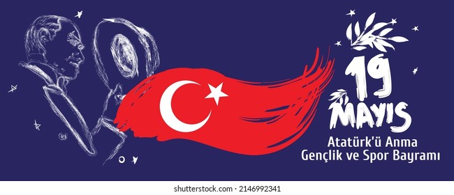 ilustración vectorial 19 mayis Ataturk'u Anma, Genclik ve Spor Bayramiz , traducción: 19 de mayo Conmemoración de Ataturk, Día de la Juventud y el Deporte, diseño gráfico para el feriado turco, logo infantil.
