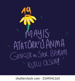 Vector illustration 19 mayis Ataturk'u Anma, Genclik ve Spor Bayramiz , translation: 19 may Commemoration of Ataturk, Youth and Sports Day, graphic design to the Turkish holiday, children logo.