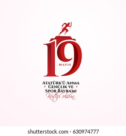 ilustração vetorial 19 mayis Ataturk'u Anma, Genclik ve Spor Bayramiz, tradução: 19 Maio Comemoração de Ataturk, Dia da Juventude e Esportes, design gráfico para o feriado turco, logotipo das crianças.