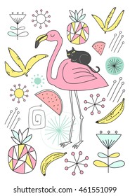 Vector illustration with 1950 s retro beautiful flamingo, cute black cat, fruits : banana, watermelon, pineapple, stylized flowers and geometrical shapes and objects