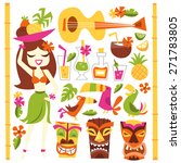 A vector illustration of 1960s retro inspired cute hawaiian luau party design elements set. Included in this set:- hawaiian girl, cocktails, coconut, pineapple, ukelele, tropical birds, tiki statues. 