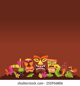 A Vector Illustration Of 1960s Retro Inspired Cute Hawaiian Luau Party Tiki Theme With Dark Background Copy Space Above.