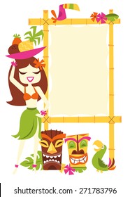 A vector illustration of 1960s retro inspired cute hawaiian luau party blank bamboo sign with a happy hawaiian girl in grass skirt holding a bowl of fruits with tiki statues and tropical birds. 
