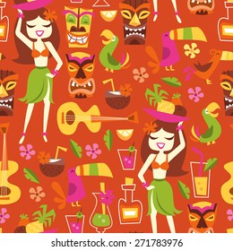 A vector illustration of 1960s retro inspired cute hawaiian luau party seamless pattern background. 