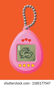 Ilustración vectorial de un juguete tamagotchi de los años 90 con conejo de mascota de píxel en pantalla