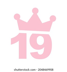 Vector illustration of 19th birthday party pink clip art icon - Number nineteen with a crown