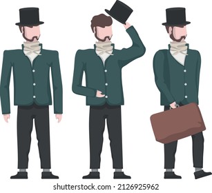 Vector illustration of a 19th century man walking, standing, taking off his hat.