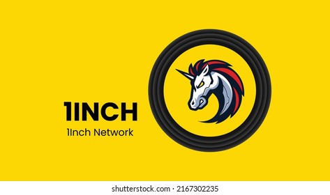 Vector illustration of 1inch network, 1INCH crypto currency logo on yellow background with copy space. 1inch network, 1INCH cryptocurrency token logo or symbol banner. svg
