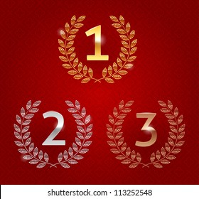 Vector illustration of 1st; 2nd; 3rd awards golden emblems. Red background - seamless (with clipping mask)