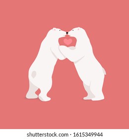 Vector illustration with 2 adorable funny polar bear kiss. Happy Valentine's day card or invitation. Polar bear cartoon character love concept. I love you.