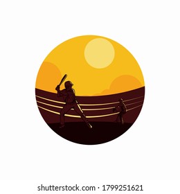 vector illustration 2 baseball players playing baseball in field flat illustration