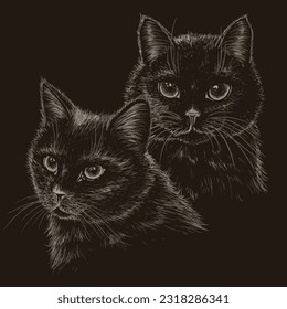 Vector illustration 2 black cats in engraving style dark background