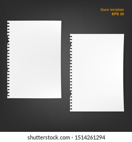 Vector illustration of 2 block note papers with torn edge and fold corners. Empty pages on grey background. Different blanks can be used as a mock up template and backgrounds for your own projects.
