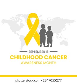 Vector illustration of 2 boys standing in front of a yellow ribbon suitable for childhood cancer awareness month celebration