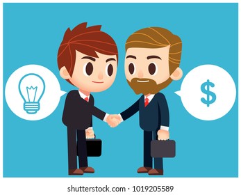 Vector illustration of 2 businessman shaking hands with bulb idea and money symbol.
