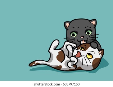 Vector illustration 2 cute cat in funny cartoon style.