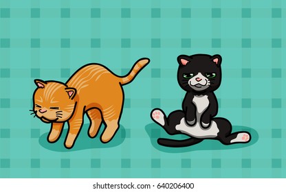 Vector illustration 2 cute cat in funny cartoon style. 