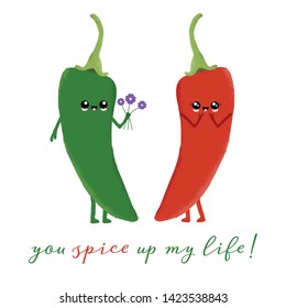 Vector Illustration Of 2 Cute Chili Pepper Characters With The Funny Pun 'You Spice Up My Life!' Cute Design Concept.