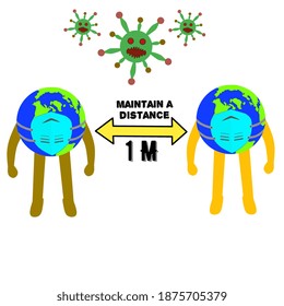 vector, illustration, 2 the earth keeps a 1 meter distance to stop the spread of disease from the corona virus, a symbol of the rules we must obey