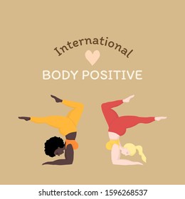 Vector illustration with 2 happy oversized women in yoga positions handstand. International body positive. Sports and health body positive concept for postcard, yoga classes, t-shirt active lifestyle
