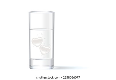 Vector illustration of 2 heart shaped ice cubes or clear hearts immersed in glass of water with air bubbles,valentine's day,isolated on white.Drinking clean water makes healthy,refresh mind.