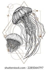 Vector illustration of 2 jellyfish in engraving style on a mystical geometric background