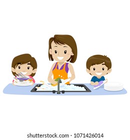 Vector Illustration of 2 Kids helping their mother washing the dishes