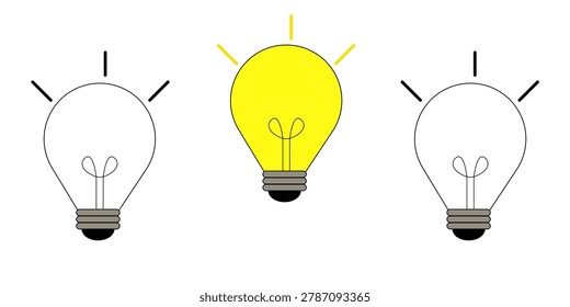 Vector illustration of 2 light bulbs that are off and 1 light bulb that is on. Electricity, energy, ideas, business.