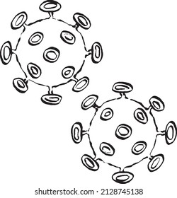 Vector illustration of 2 line drawings of microscopic zoomed-in Covid 19 molecules. Lineart drawings.