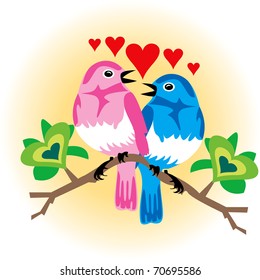 Vector Illustration of 2 love birds with hearts.