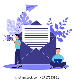 Vector illustration, 2 men with envelopes containing letters, receiving letters, sorting, Web letters or mobile service layout for website headings.