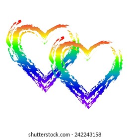 Vector illustration of 2 multi-colored hearts. Symbol. Unconventional relationship.  