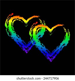 Vector illustration of 2 multi-colored hearts.  Unconventional relationship.