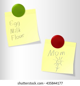 Vector illustration of 2 note paper with text signs and magnets. Set of realistic yellow sticky notes on fridge. Fully editable collection for your projects. Eps 10 file.