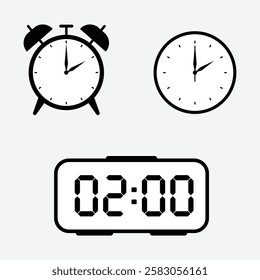 vector illustration of 2 o'clock, timer and 2 o'clock alarm