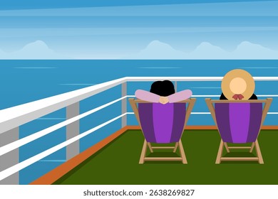 Vector illustration of 2 passengers relaxing on the deck of a cruise ship
