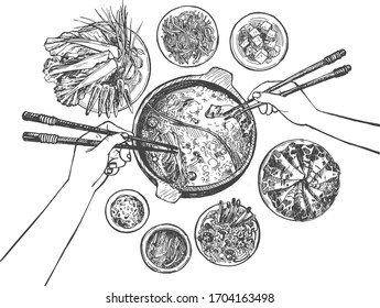 Vector illustration of 2 people group hands eating Shabu Shabu traditional Japanese oriental dish with chopsticks. Vintage hand drawn engraving etched style.