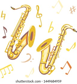 Vector illustration of 2 saxophones. Classical musical instruments. Warm colors