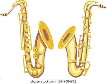 Vector illustration of 2 saxophones. Classical musical instruments. Warm colors