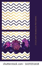 Vector illustration 2 seamless pattern with large purple buds of a protea flower and gold geometric ornament. Ornate decorative flowers. Textiles, wallpaper, fabric, decoration bedroom and living room