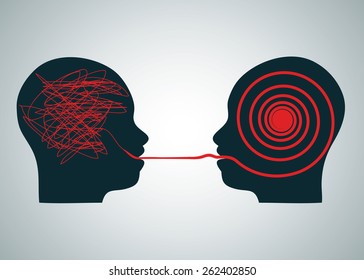 Vector illustration of 2 silhouette profile heads face to face, one with scribbling and second with accurate right red maze labyrinth. Talking decoding and understanding process problem concept symbol