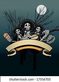 Vector illustration of 2 skeletons celebrating the Day of the Dead over two banners while playing the guitar, tambourine and maraca.