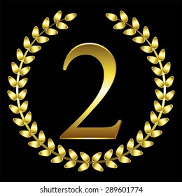 Vector illustration of 2 th anniversary. Two, gold laurel wreath on a black background.