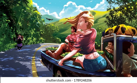 Vector illustration of 2 western tourists or digital nomads relied on one villager's pickup traveling on the mountains in southeast Asian country.