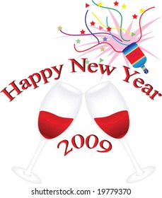 vector illustration of 2 wine glasses and poper for  2009 happy new year